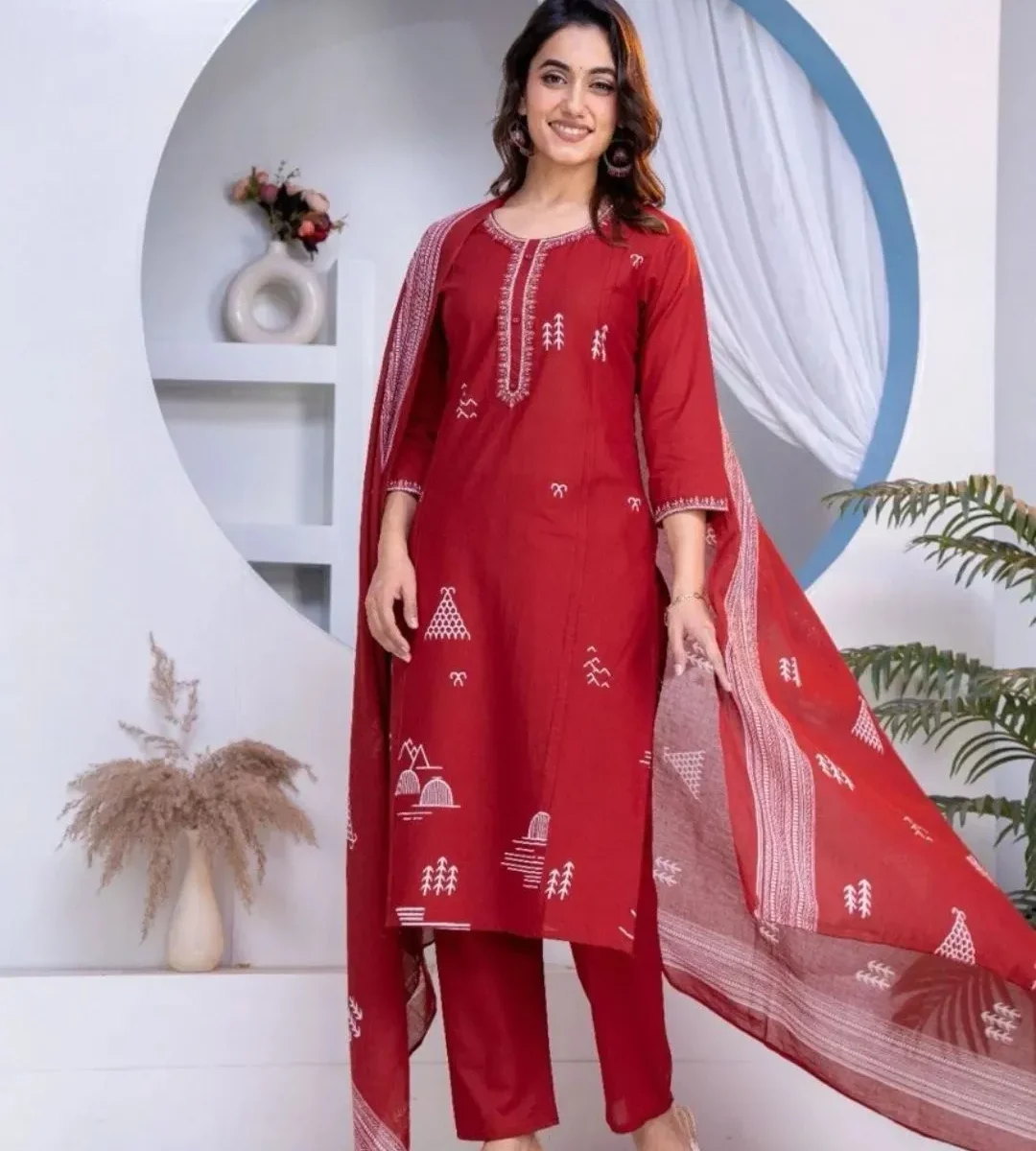 Cotton Red Kurti Pant With Dupatta​