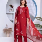 Cotton Red Kurti Pant With Dupatta​