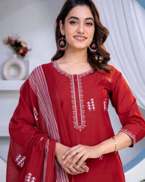 Cotton Red Kurti Pant With Dupatta​