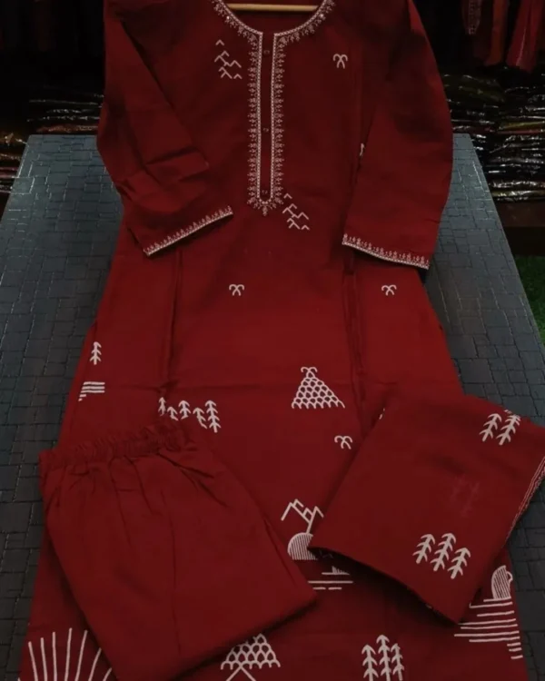 Cotton Red Kurti Pant With Dupatta​