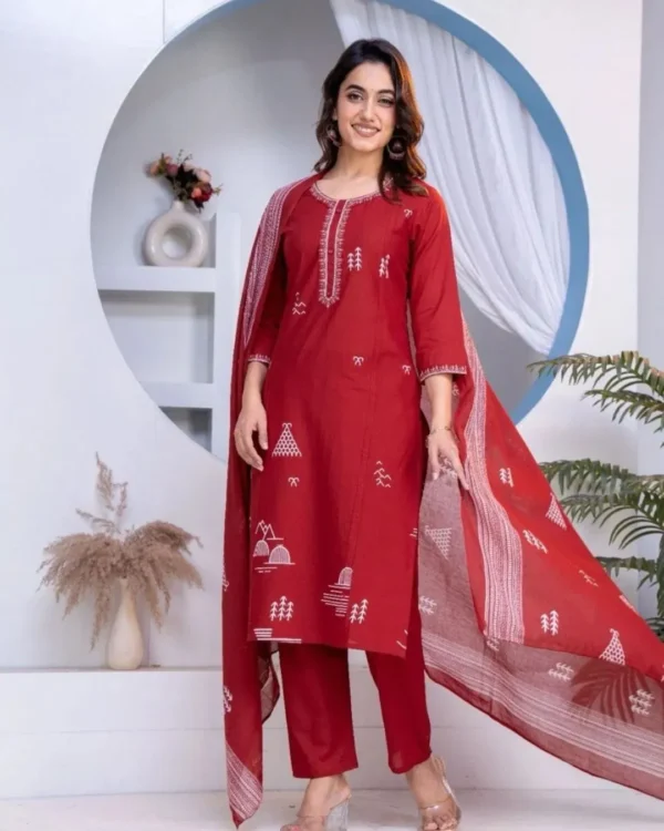 Cotton Red Kurti Pant With Dupatta​