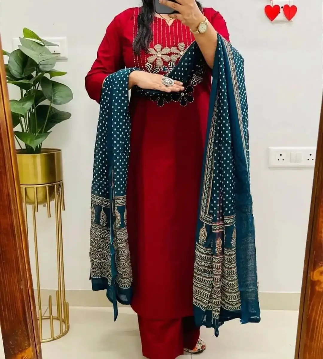 Cotton Red Printed Kurti Pant Dupatta Set