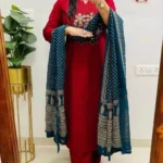 Cotton Red Printed Kurti Pant Dupatta Set