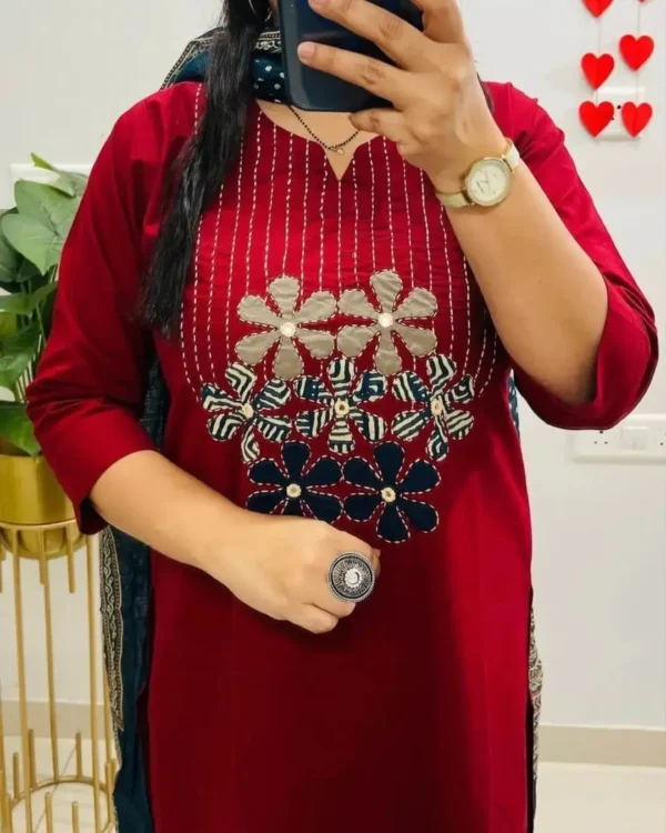 Cotton Red Printed Kurti Pant Dupatta Set