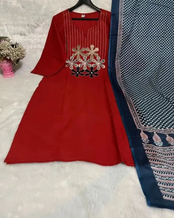 Cotton Red Printed Kurti Pant Dupatta Set