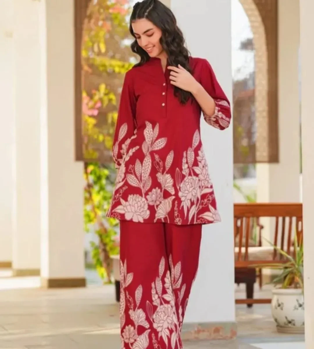 Cotton Red Printed Kurti With Pant