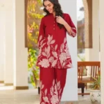 Cotton Red Printed Kurti With Pant