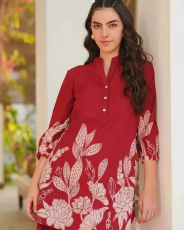 Cotton Red Printed Kurti With Pant