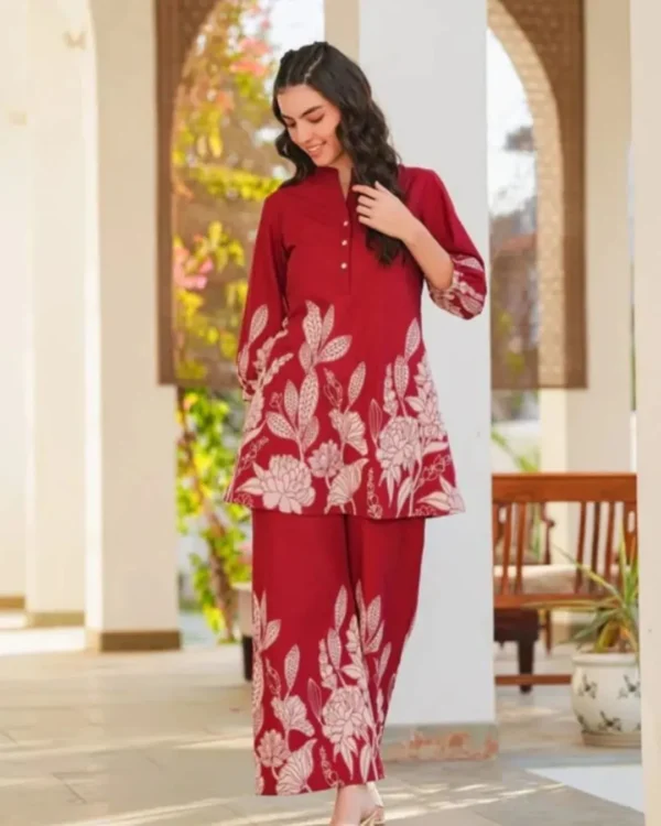 Cotton Red Printed Kurti With Pant