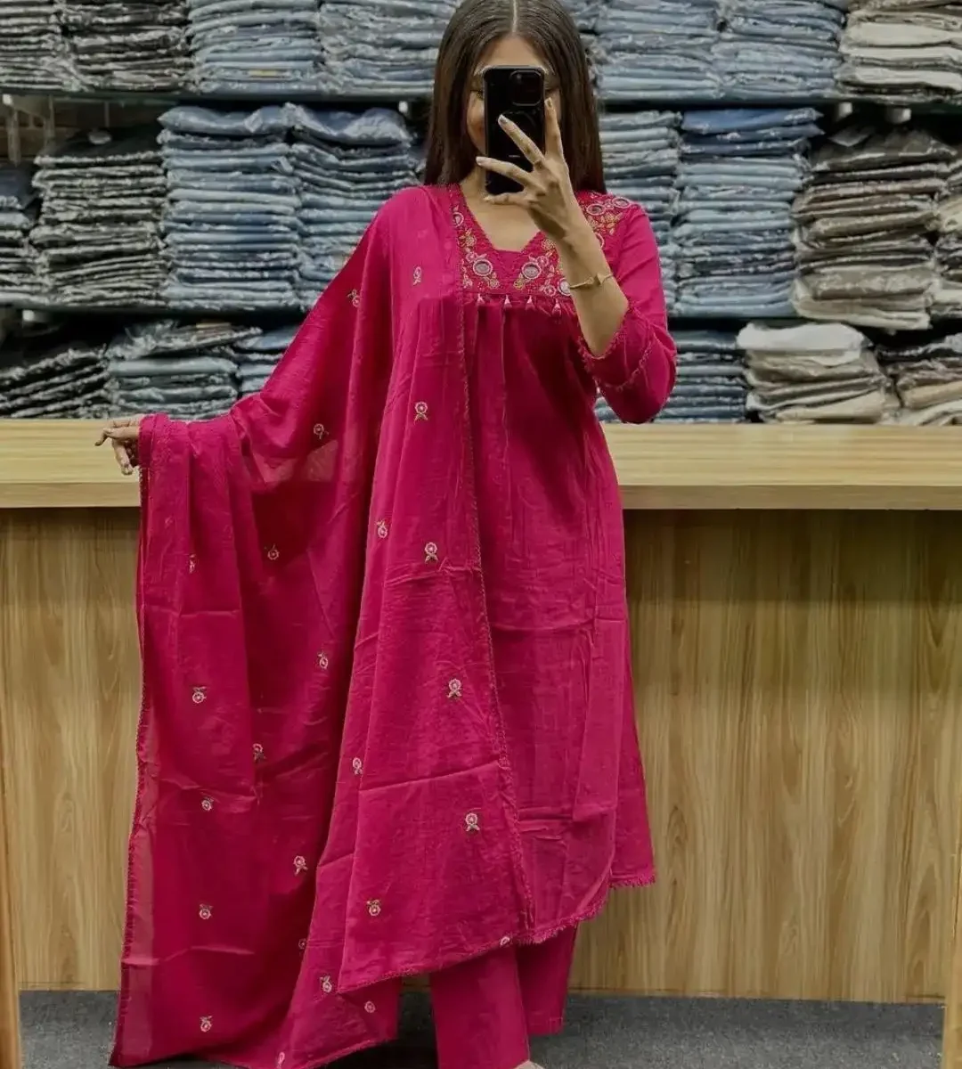 Cotton Slub Pink Kurti Pant With Dupatta