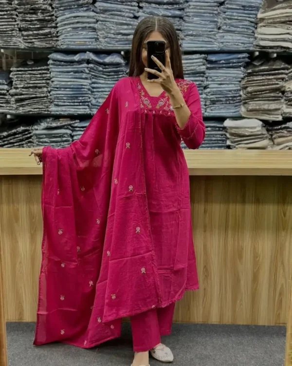 Cotton Slub Pink Kurti Pant With Dupatta
