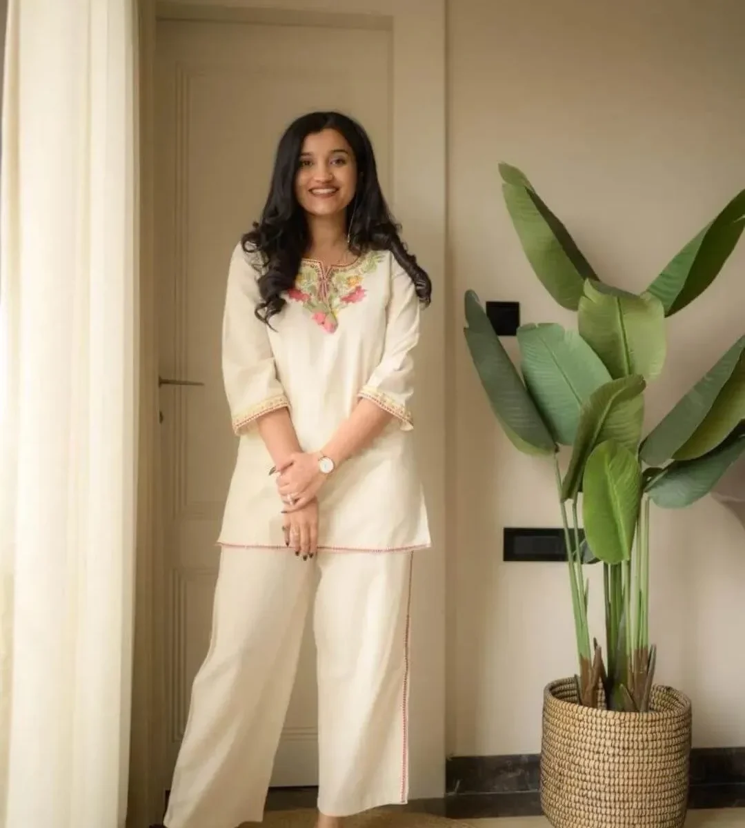 Cotton White Color Combination Kurti Pant Set