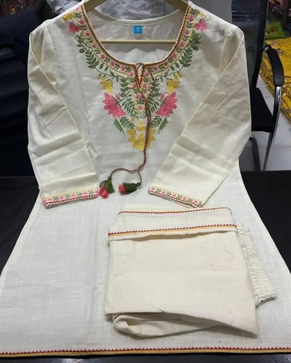 Cotton White Color Combination Kurti Pant Set