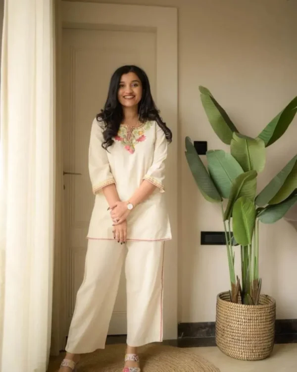 Cotton White Color Combination Kurti Pant Set