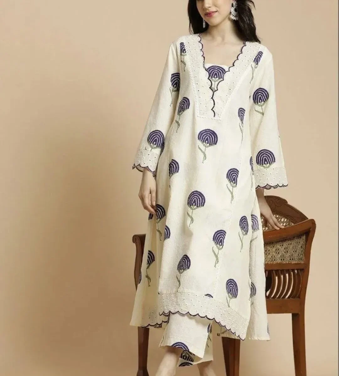 Cotton White Color Kurti Palazzo Set