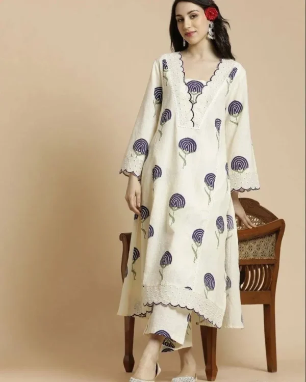 Cotton White Color Kurti Palazzo Set