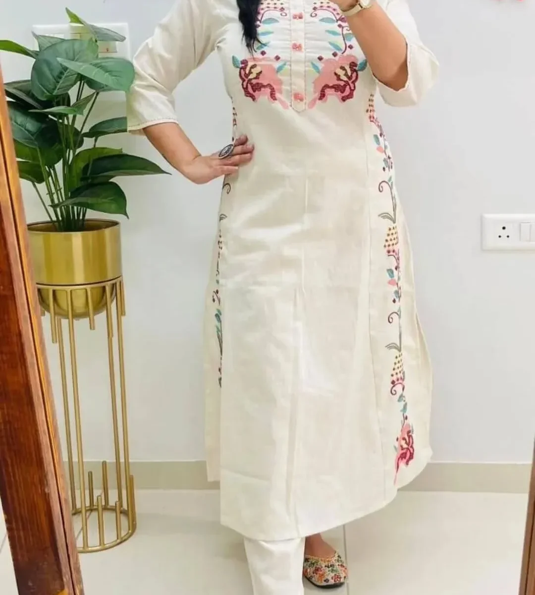 Cotton White Floral Printed Kurti Pant Set