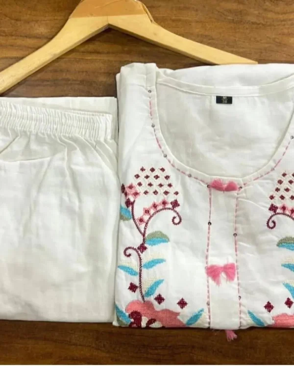 Cotton White Floral Printed Kurti Pant Set