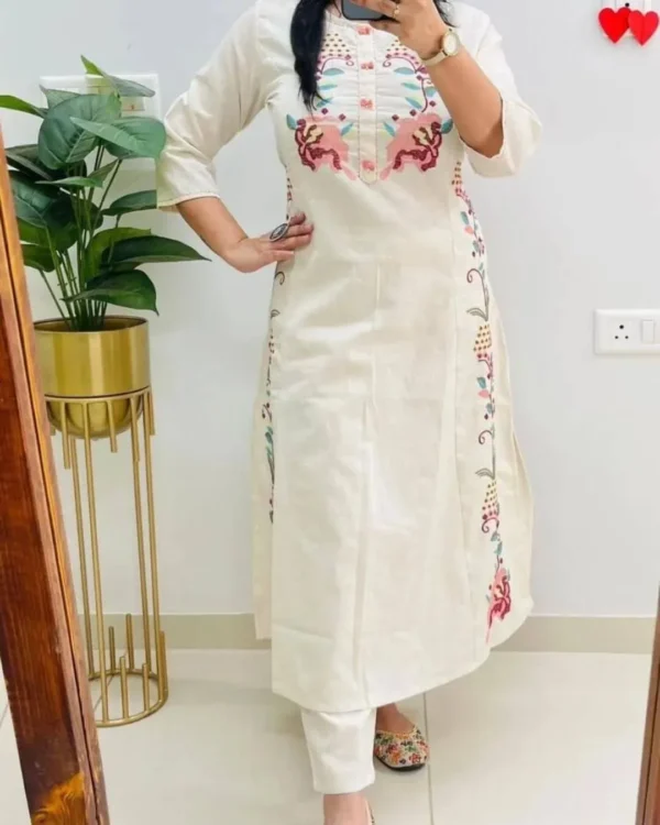 Cotton White Floral Printed Kurti Pant Set