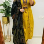 Cotton Yellow Kurti Pant With Black Dupatta