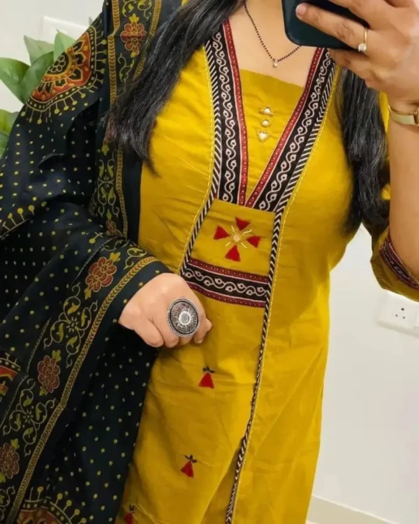 Cotton Yellow Kurti Pant With Black Dupatta