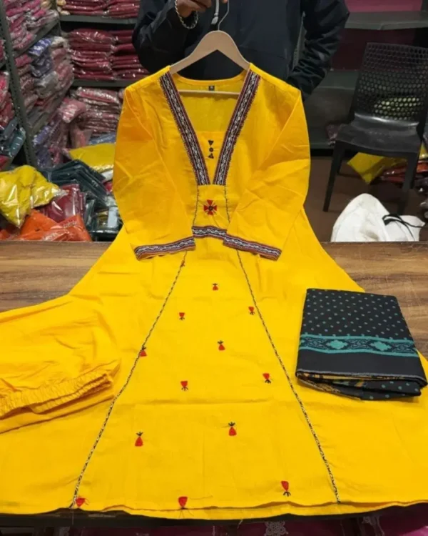Cotton Yellow Kurti Pant With Black Dupatta
