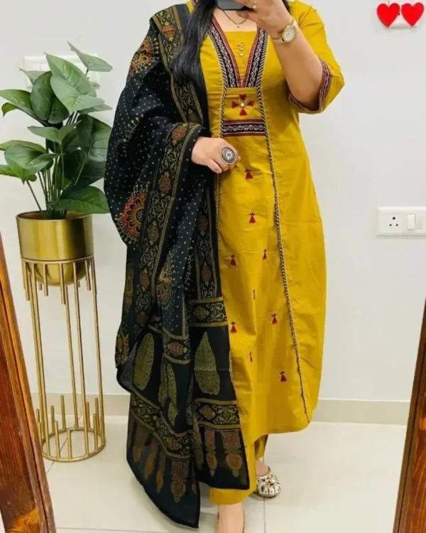 Cotton Yellow Kurti Pant With Black Dupatta