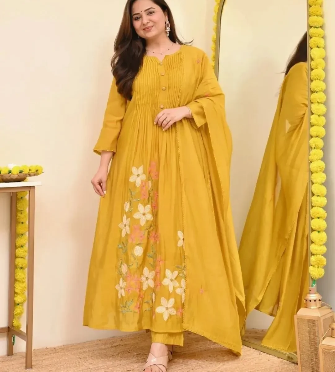 Cotton Yellow Sanganeri Print Kurti & Kurta Set