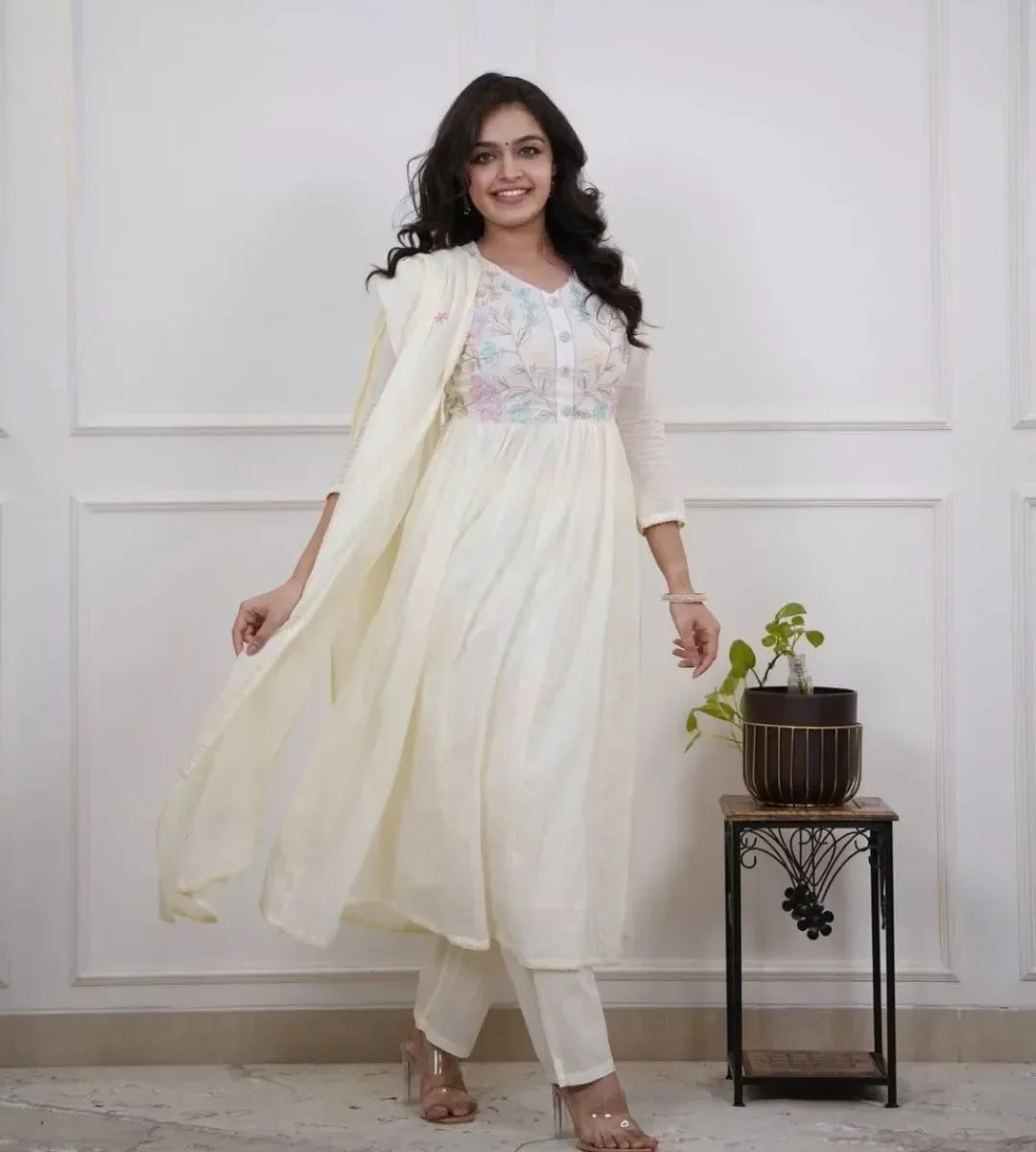 Cream White Cotton Suit Set