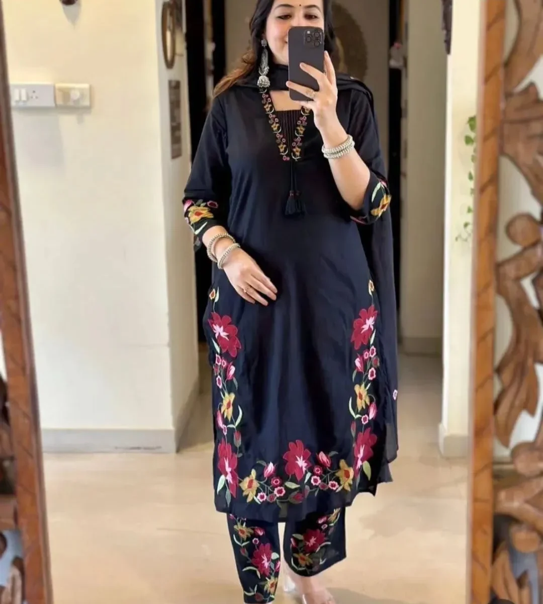 Dark Blue Kurti Pant With Dupatta Set