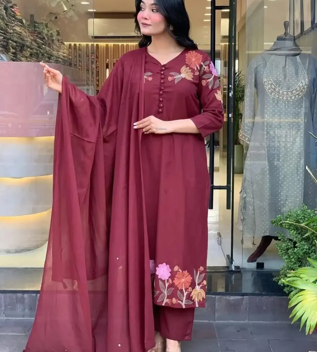 Dark Maroon Cotton Suit Set