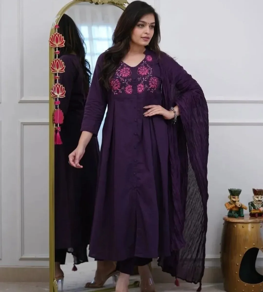 Embroidery Lavender Cotton Suit Set