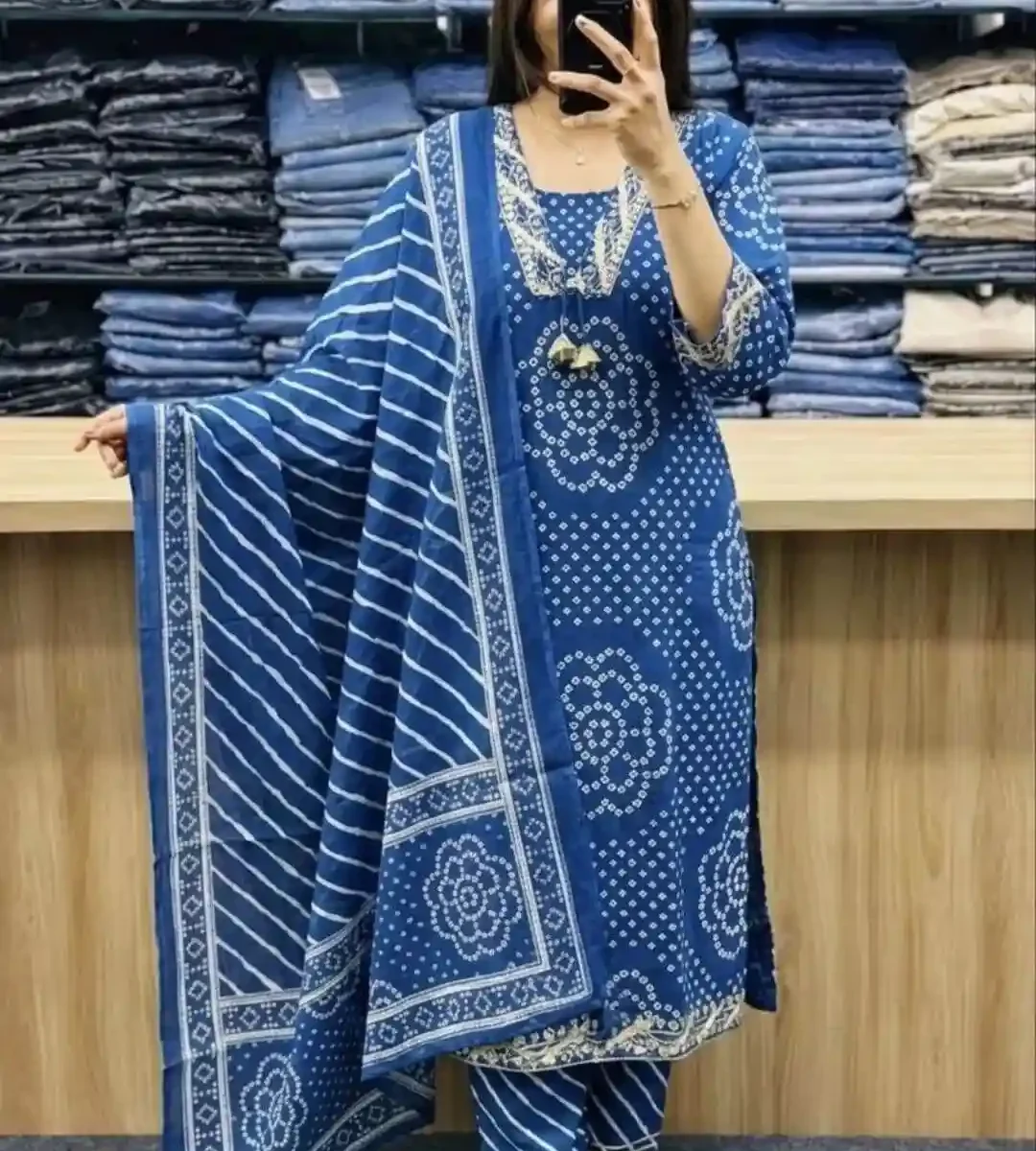 Flared Cotton Blue Kurti Pant Dupatta Set