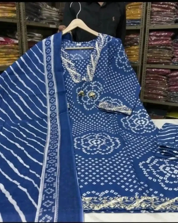 Flared Cotton Blue Kurti Pant Dupatta Set