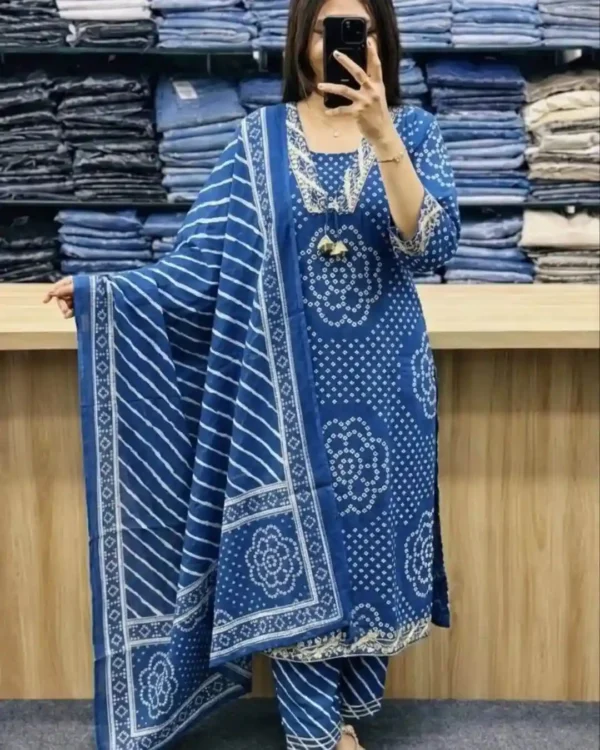 Flared Cotton Blue Kurti Pant Dupatta Set