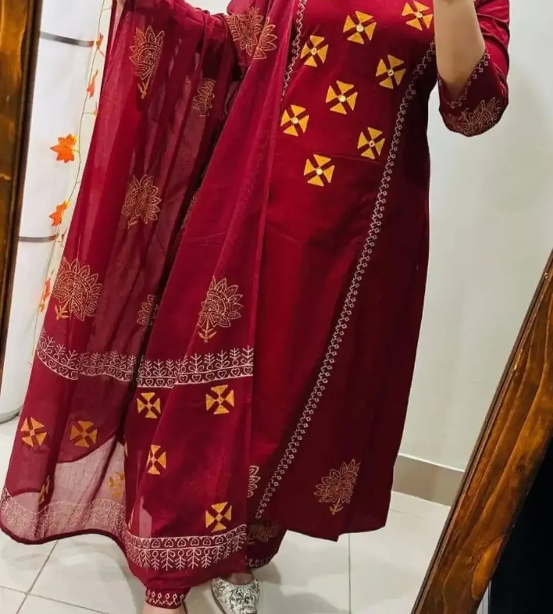 Flared Cotton Mirror Work Suit Set