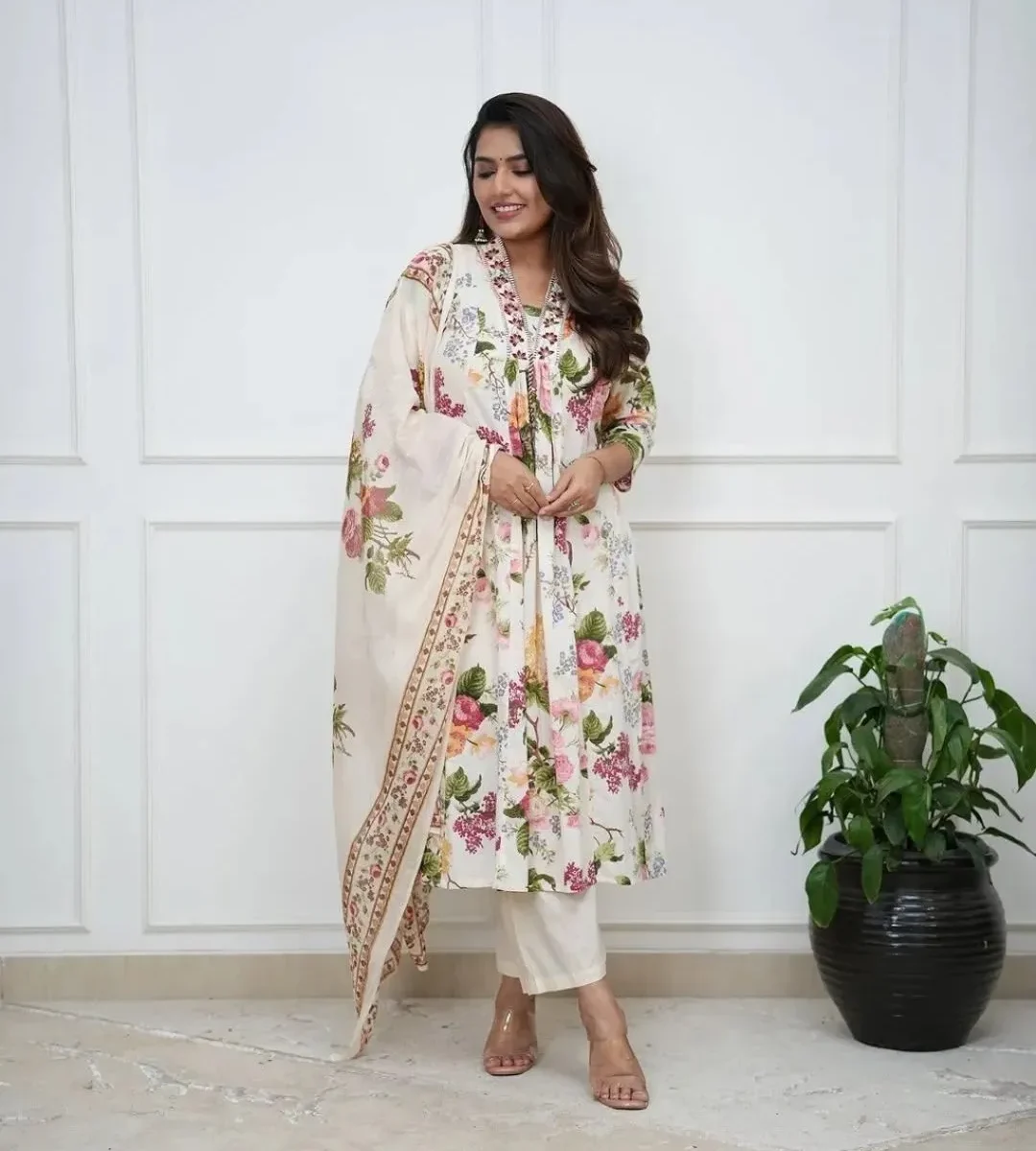 Flared Cotton White Kurti Pant Dupatta Set
