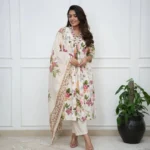 Flared Cotton White Kurti Pant Dupatta Set