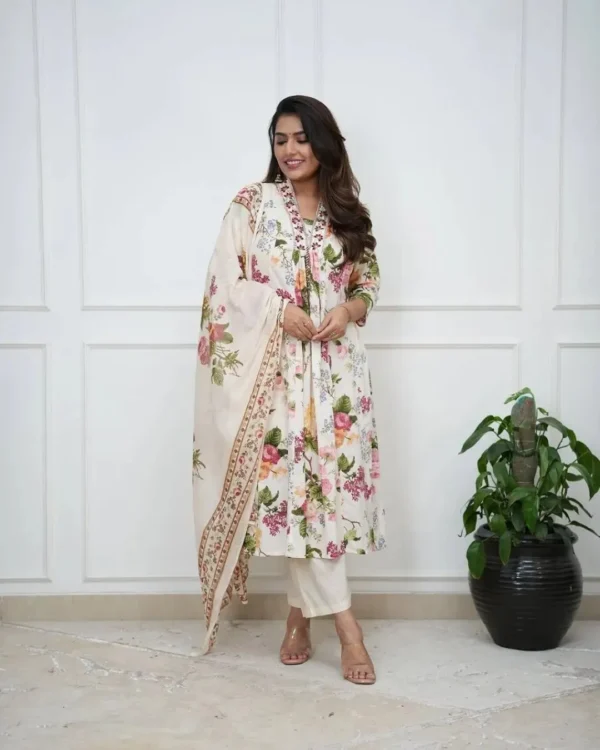 Flared Cotton White Kurti Pant Dupatta Set