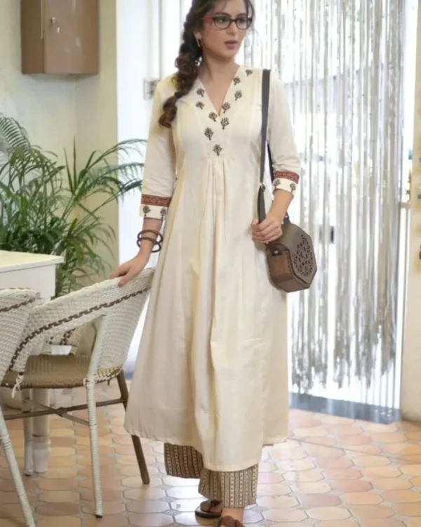 Flared White Cotton Kurti Pant Set