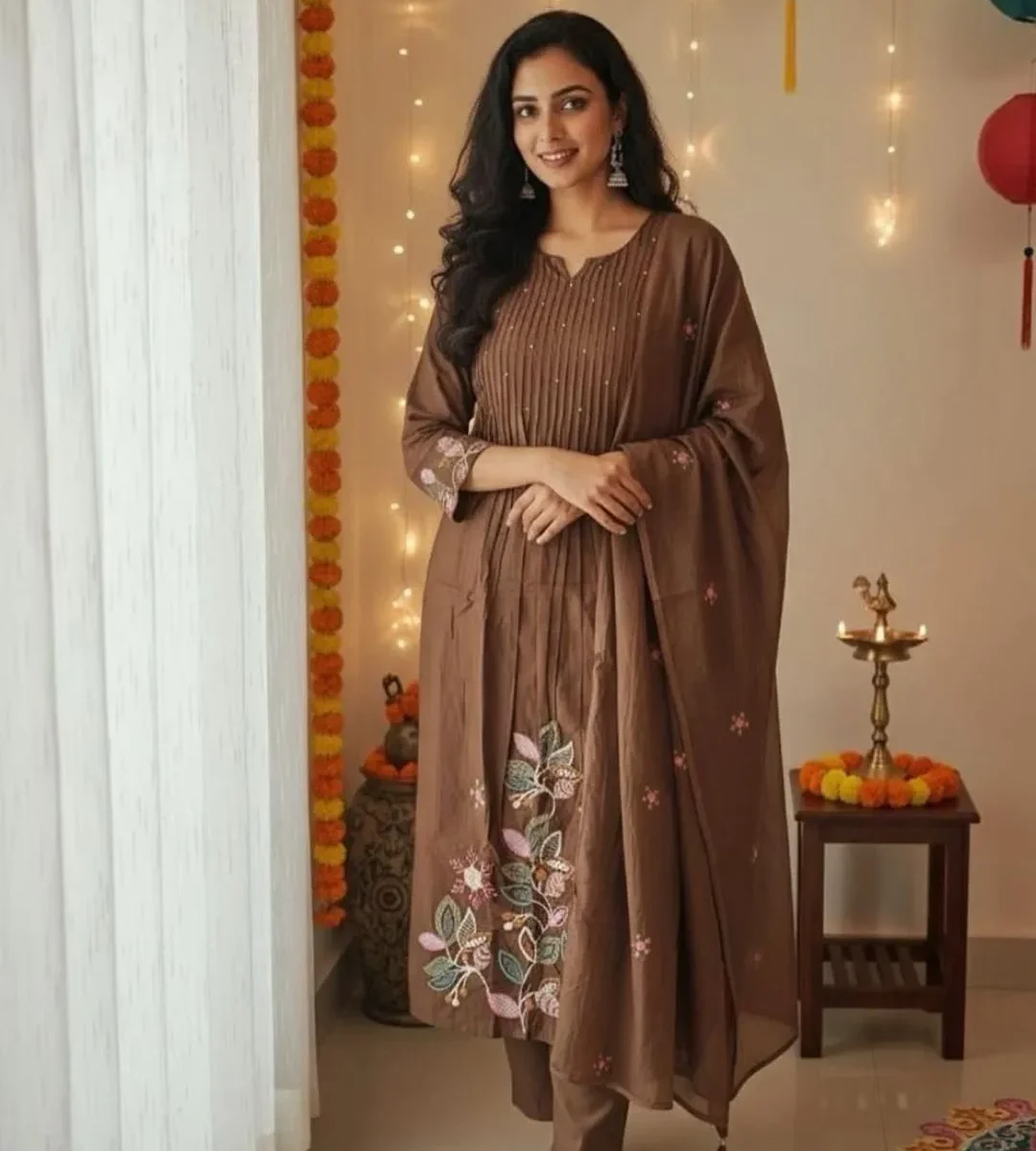 Floral Maroon Printed Kurti Pant With Dupatta