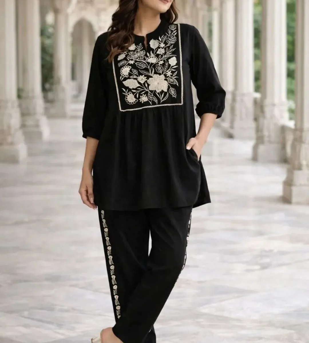 Floral Print Black Cotton Kurti Palazzo Set