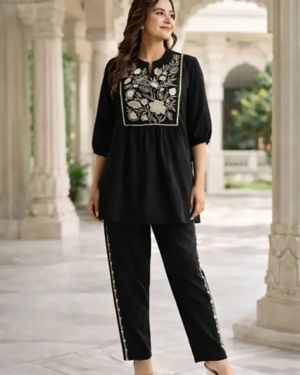 Floral Print Black Cotton Kurti Palazzo Set