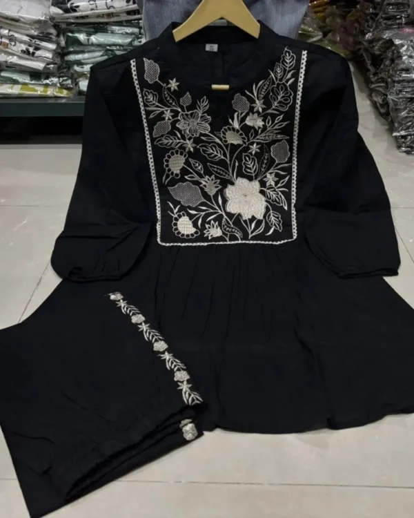 Floral Print Black Cotton Kurti Palazzo Set