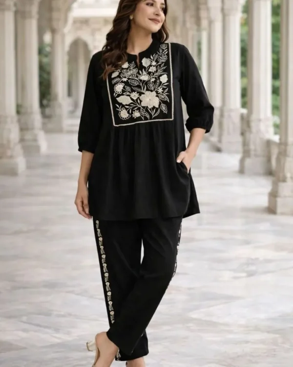 Floral Print Black Cotton Kurti Palazzo Set
