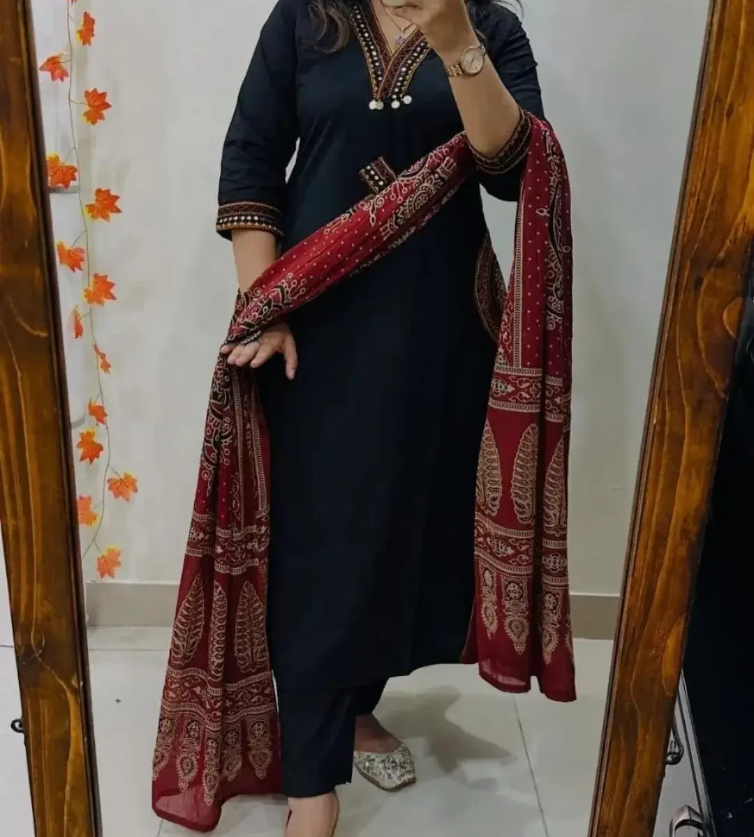 Floral Printed Black Cotton Suit Set