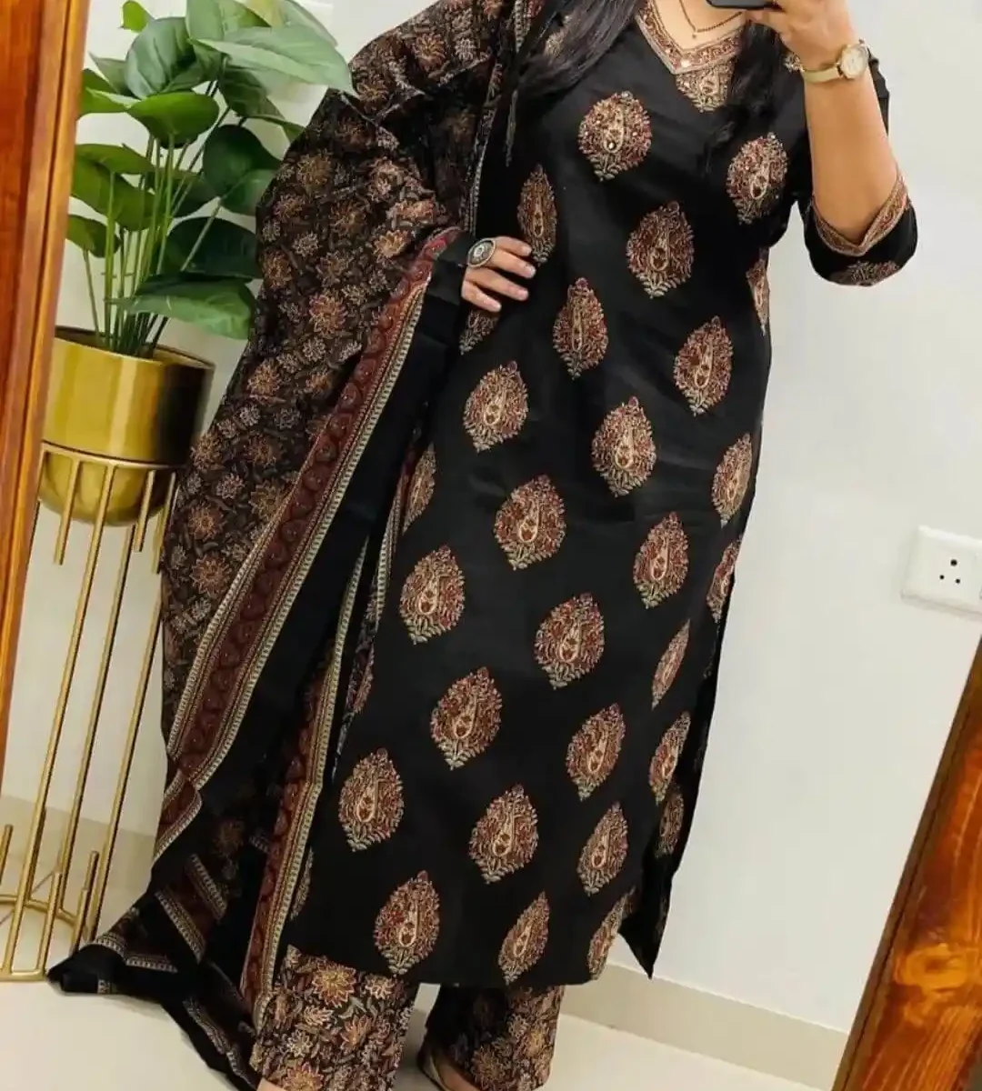 Floral Printed Black Cotton Suit Set