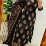 Floral Printed Black Cotton Suit Set
