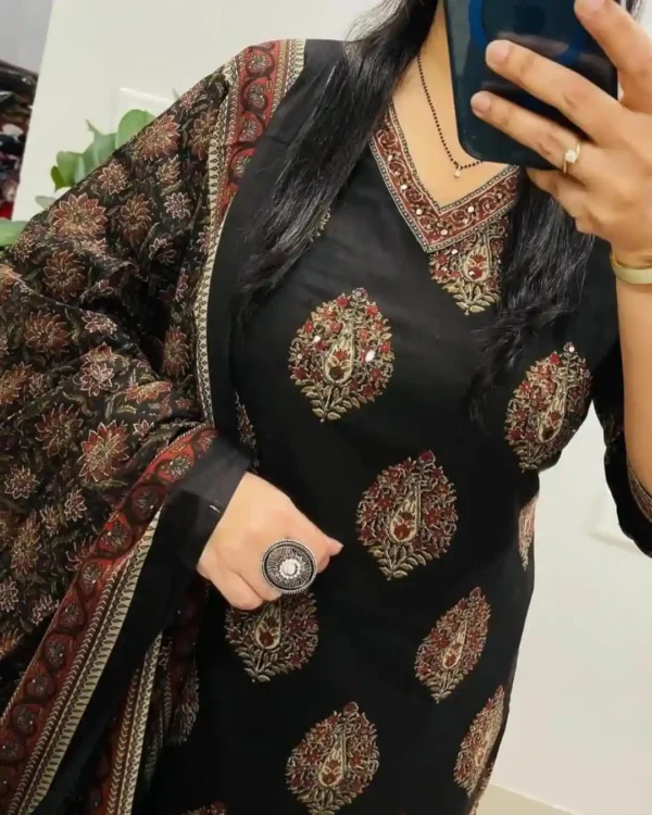 Floral Printed Black Cotton Suit Set