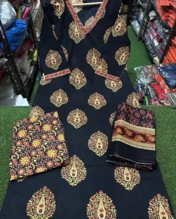 Floral Printed Black Cotton Suit Set